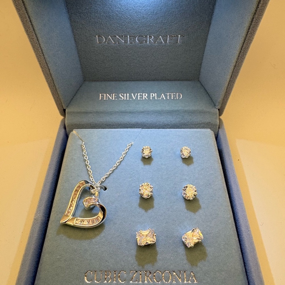 Dane Craft Silver-Plated Heart Necklace and Cubic Zirconia Earring Set.